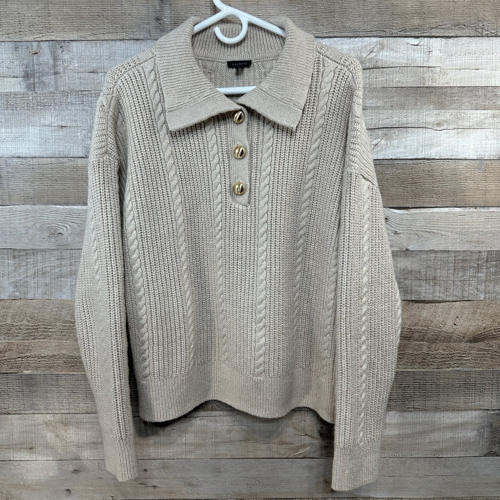 Talbots Womens Oatmeal Tan Cable Knit 1/4‎ Button Sweater XL Gold Buttons
